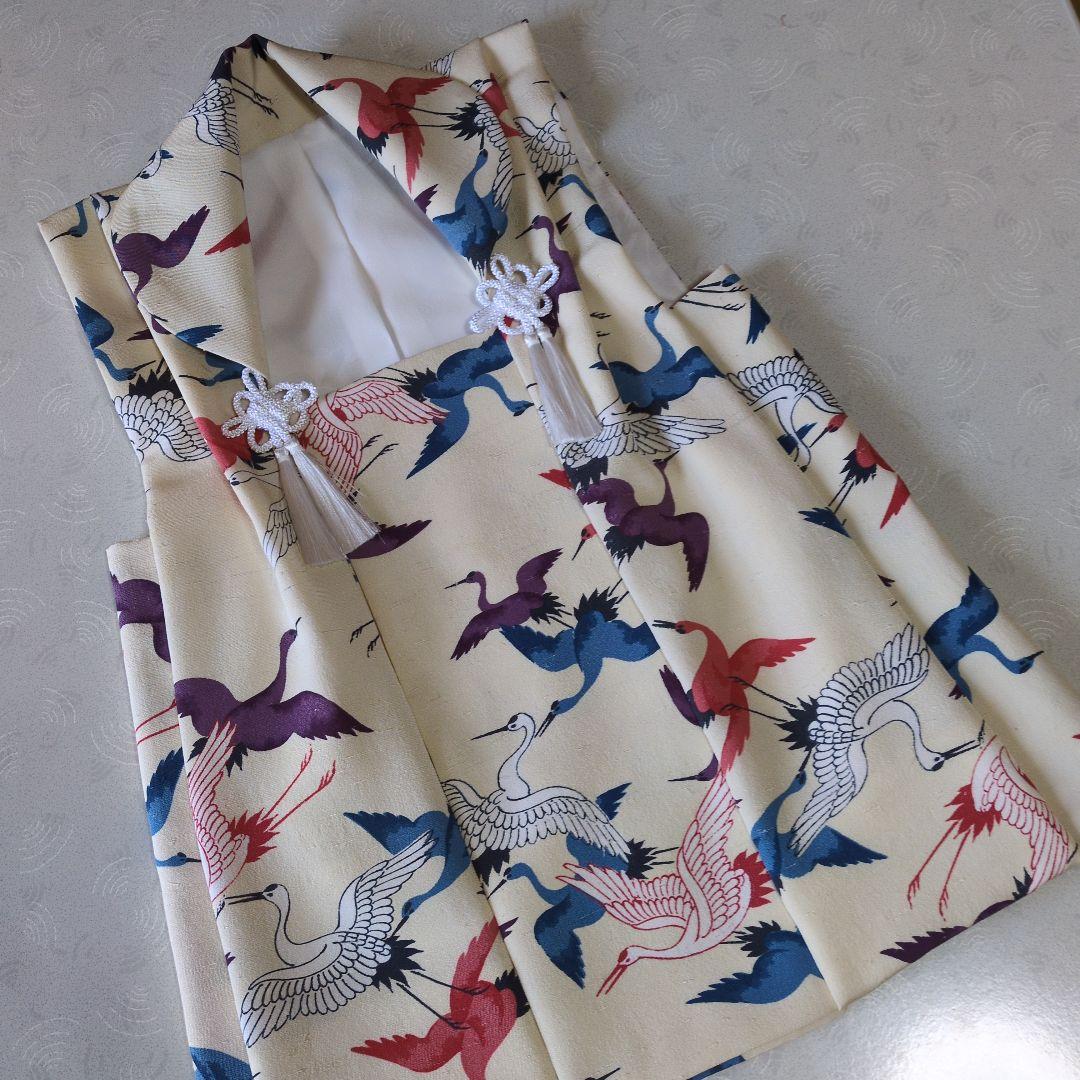 七五三３歳正絹アイボリー地に鶴柄手縫いの被布（中綿無し）