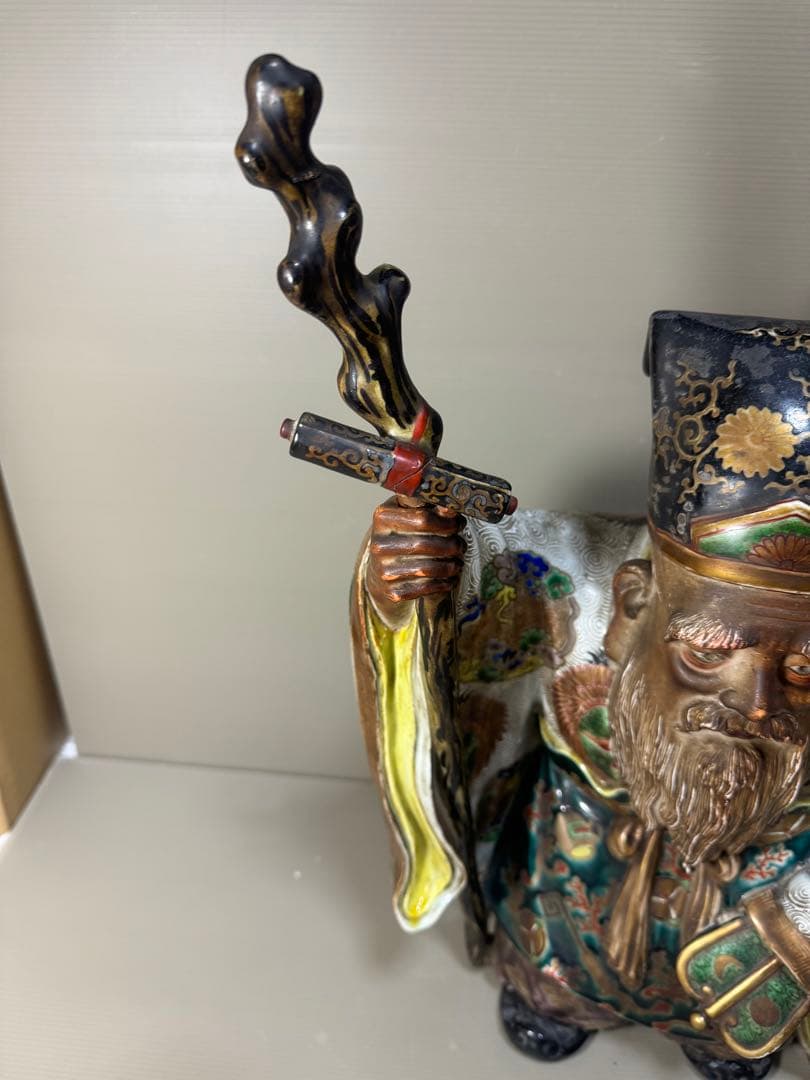 2281 九谷焼 古九谷 金彩色絵七福神 寿老人像 置物　特大　高50cm時代物