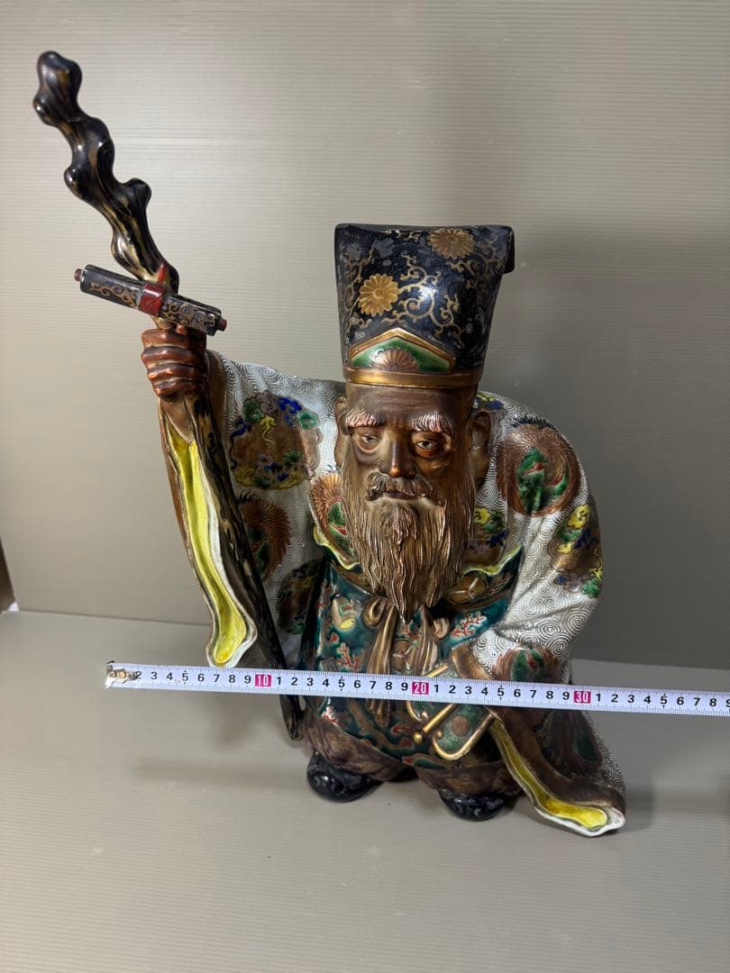 2281 九谷焼 古九谷 金彩色絵七福神 寿老人像 置物　特大　高50cm時代物