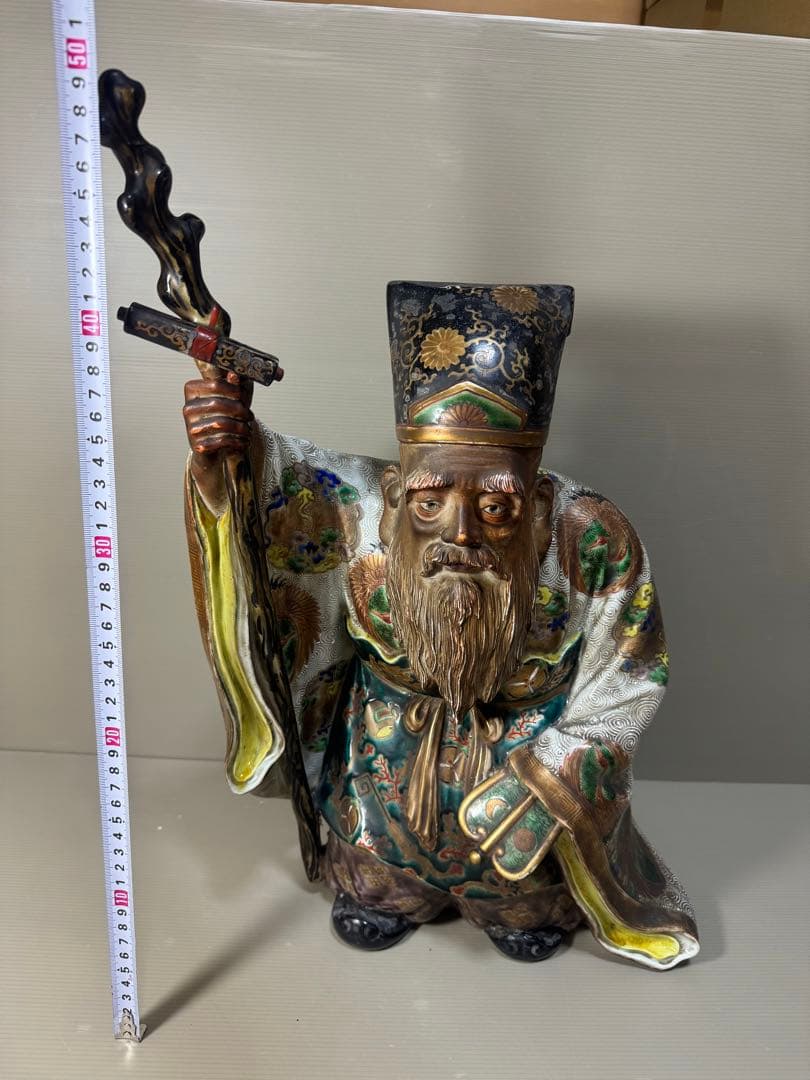 2281 九谷焼 古九谷 金彩色絵七福神 寿老人像 置物　特大　高50cm時代物