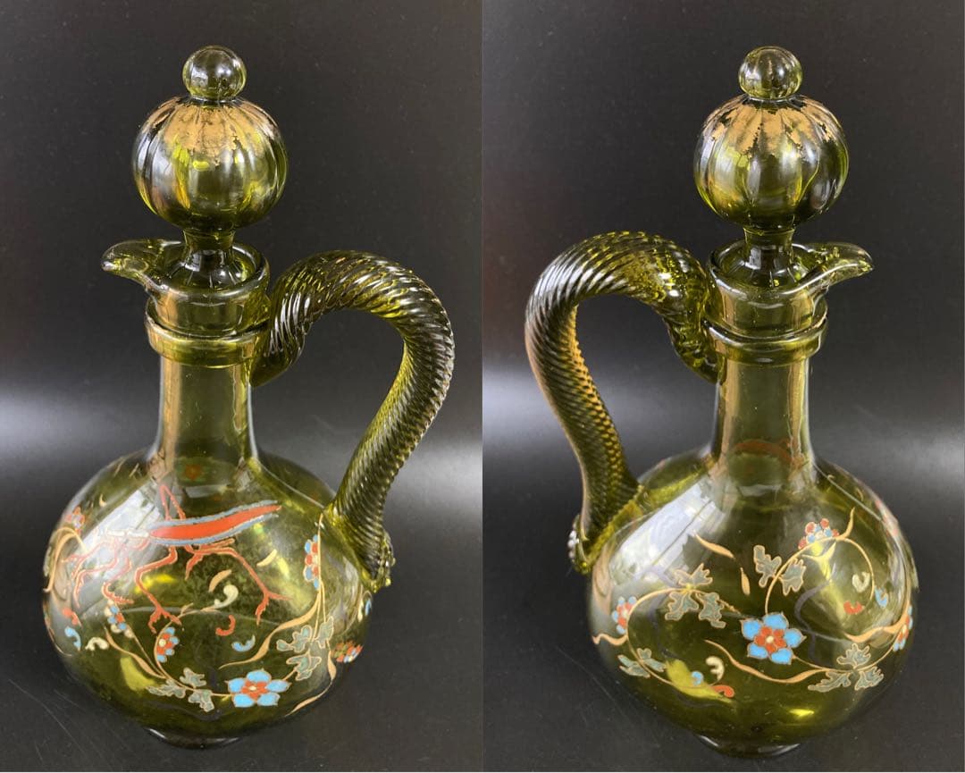 エミール・ガレ　蟷螂と草花絵図　エナメル彩水差し　カラフェ　デカンタ　デキャンタ