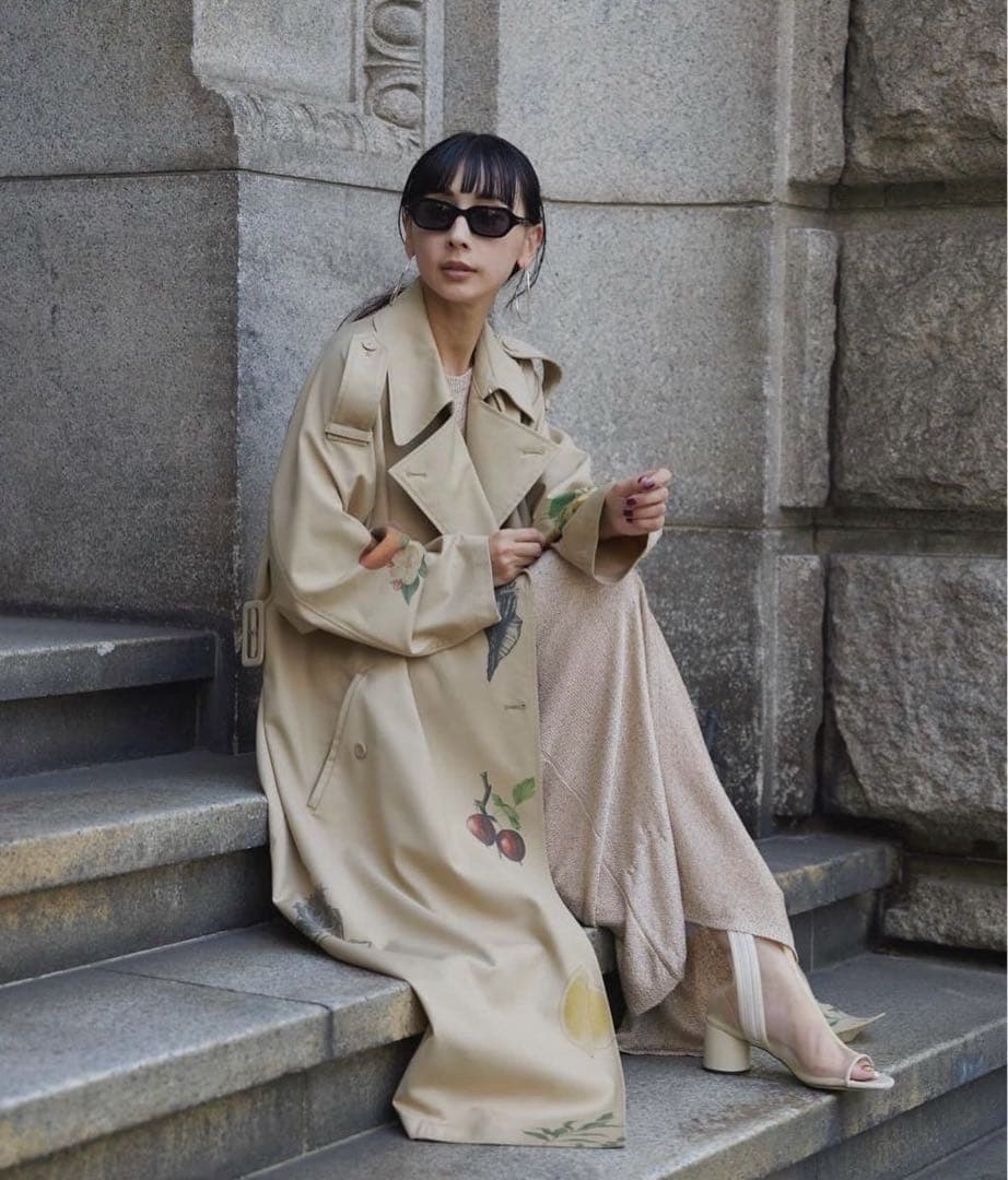 ameri vintage ボタニカルフルーツ柄トレンチコート アメリ Мサイズ