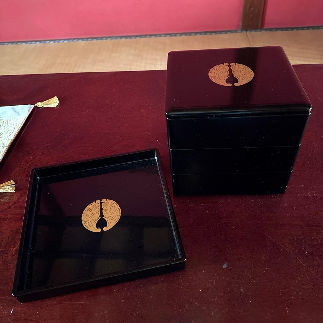 重箱　家紋入り　セット　アンティーク　お重　おせち　正月