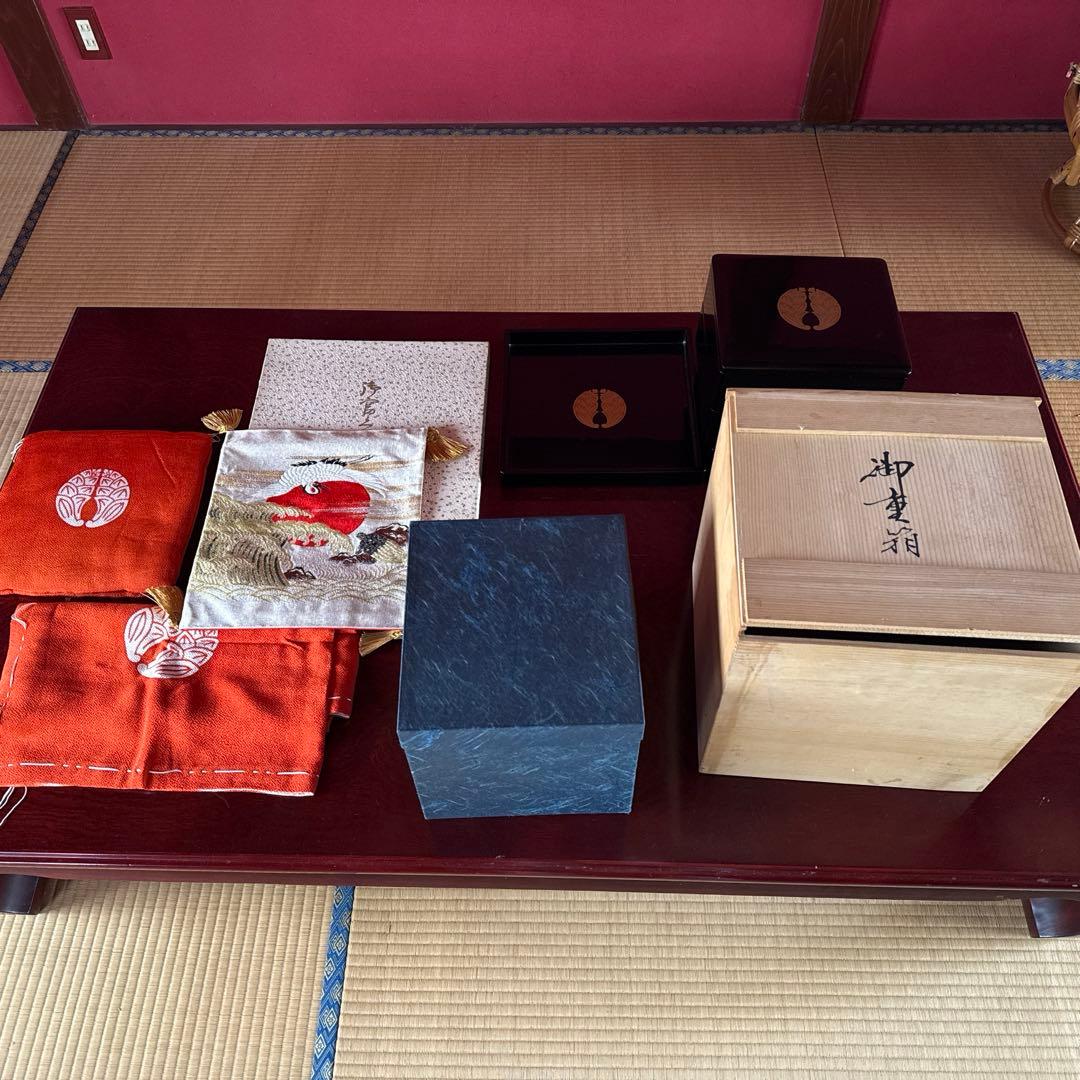重箱　家紋入り　セット　アンティーク　お重　おせち　正月