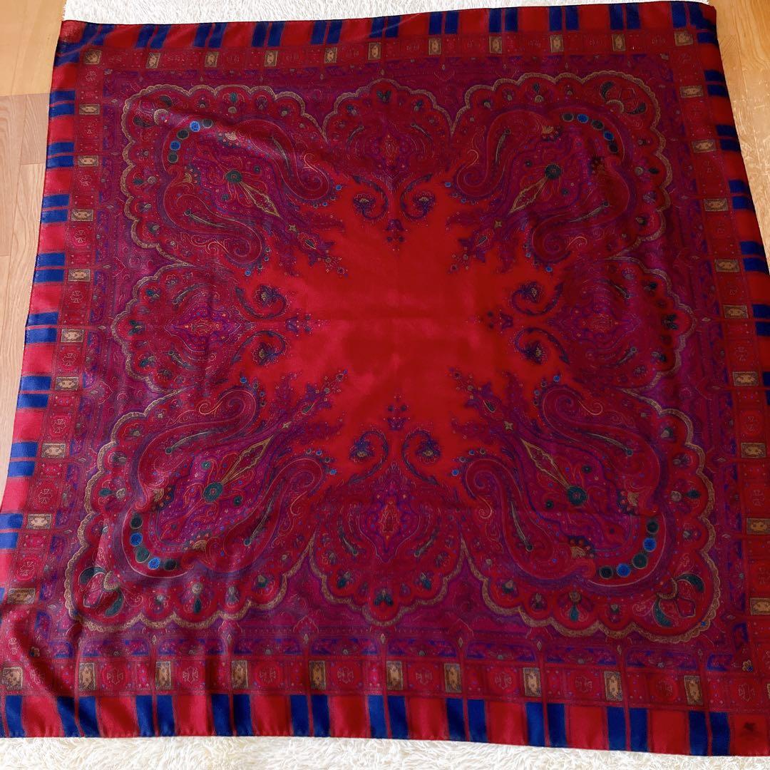 エトロ ボタニカル柄 大判ストール レッド系マルチ ウールシルク