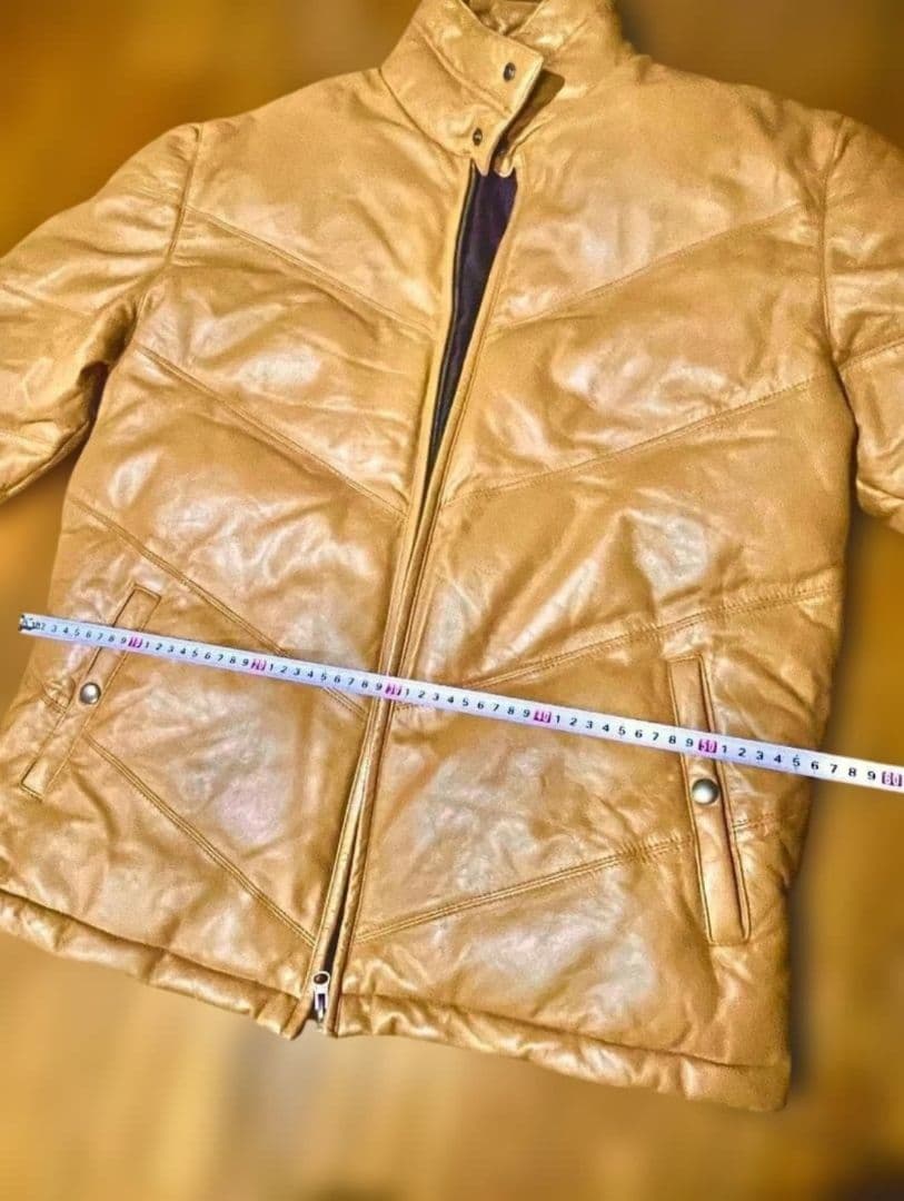 【新品同様】キャメル レザーダウンジャケット リブ袖 Lサイズ