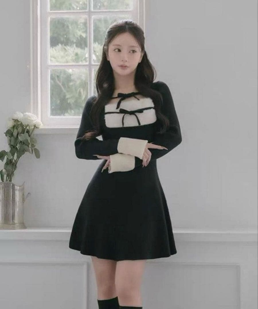 Darich リボンファーフレアニットミニワンピース