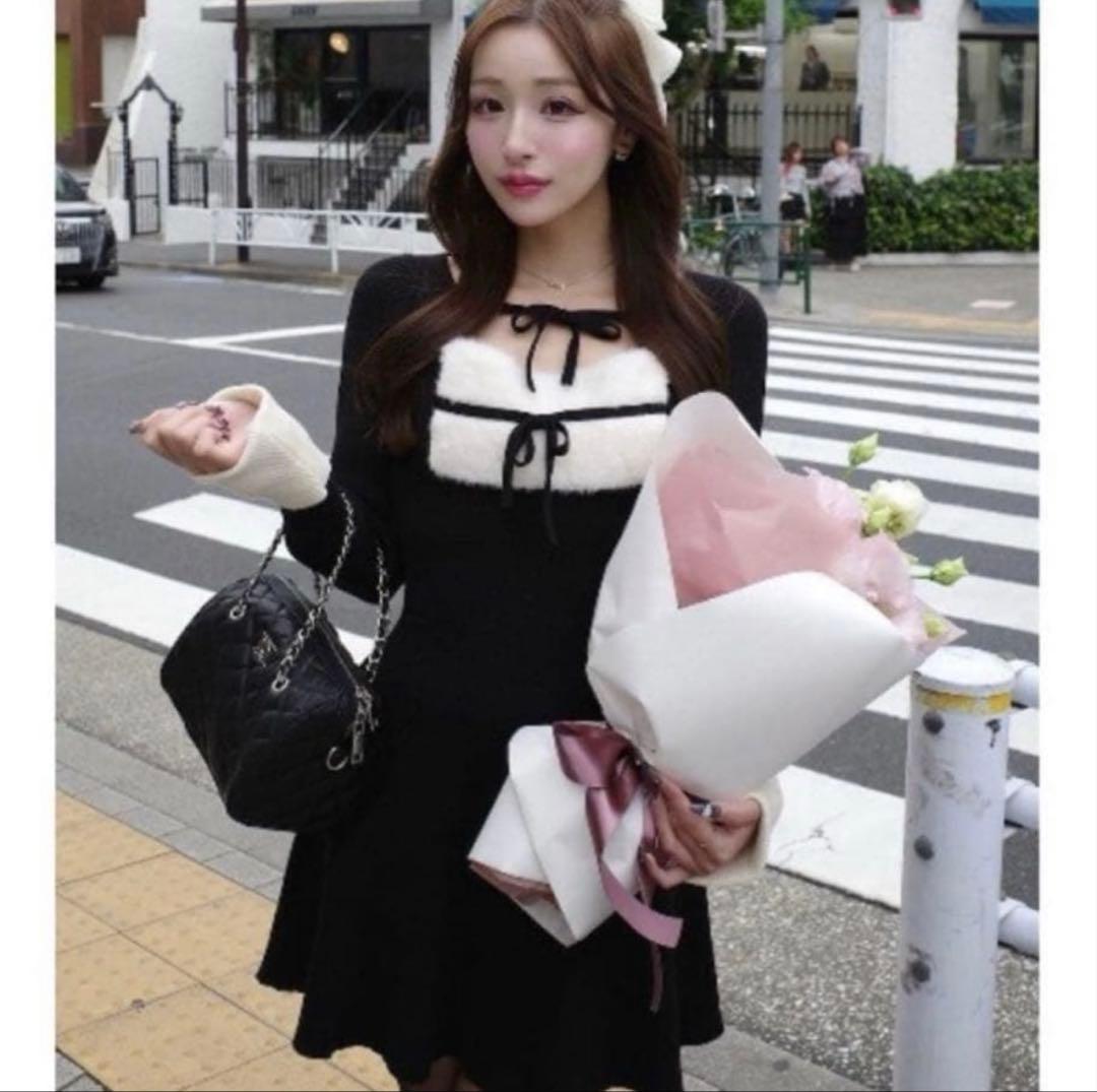 Darich リボンファーフレアニットミニワンピース