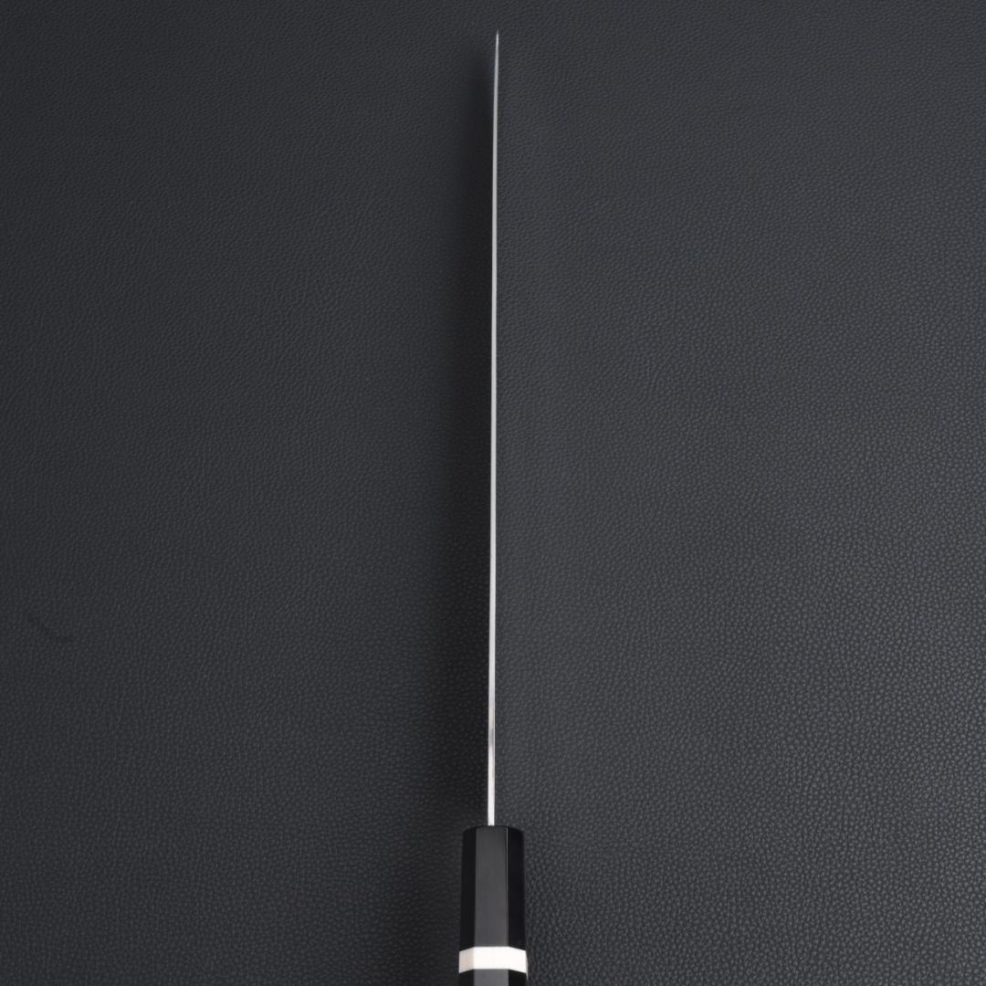 8611 世界一薄い 鏡面仕上げ 極薄柳刃包丁 尺 黒檀黒水牛角白三本巻八角柄