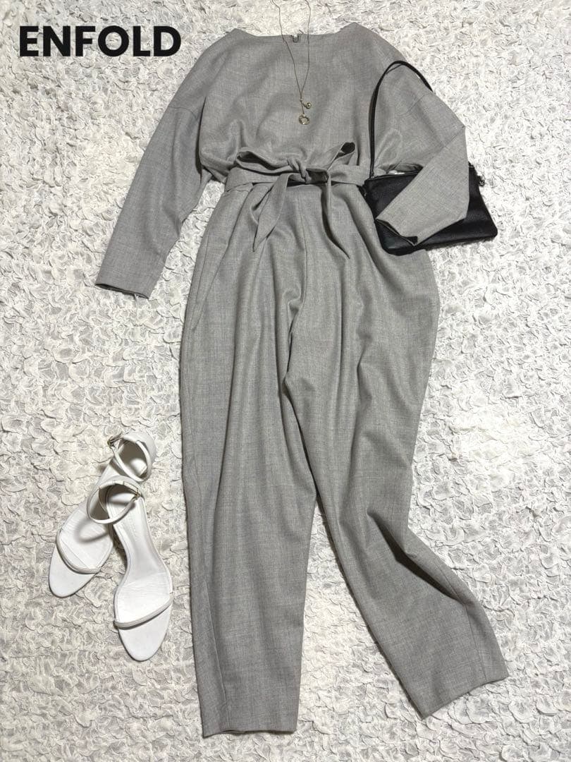 エンフォルド 4.2万円　リボンベルト オールインワン ジャンプスーツ ウール