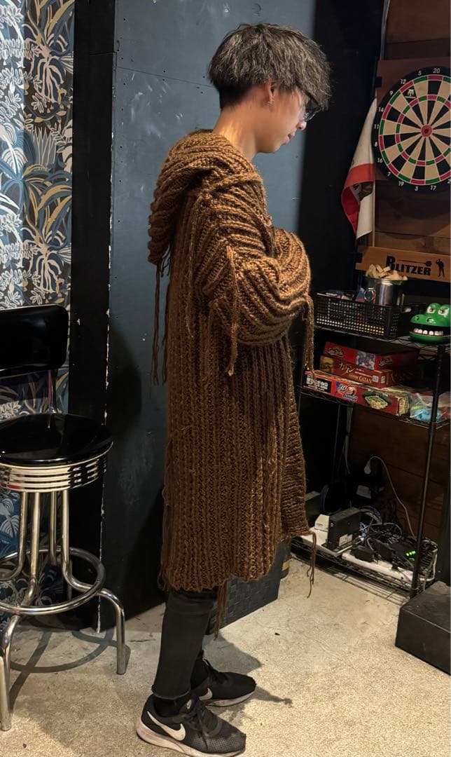 フードニットコート　ロングカーディガン　ダメージニット　コーディガン　手編み