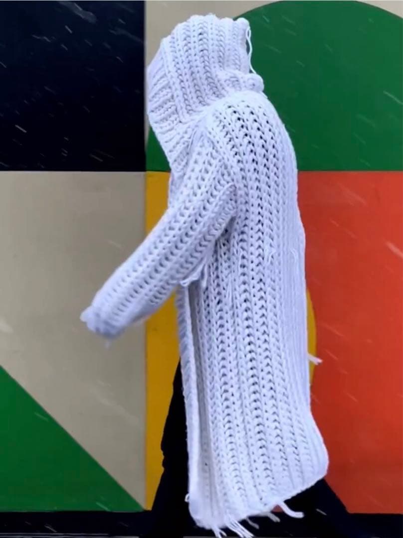 フードニットコート　ロングカーディガン　ダメージニット　コーディガン　手編み