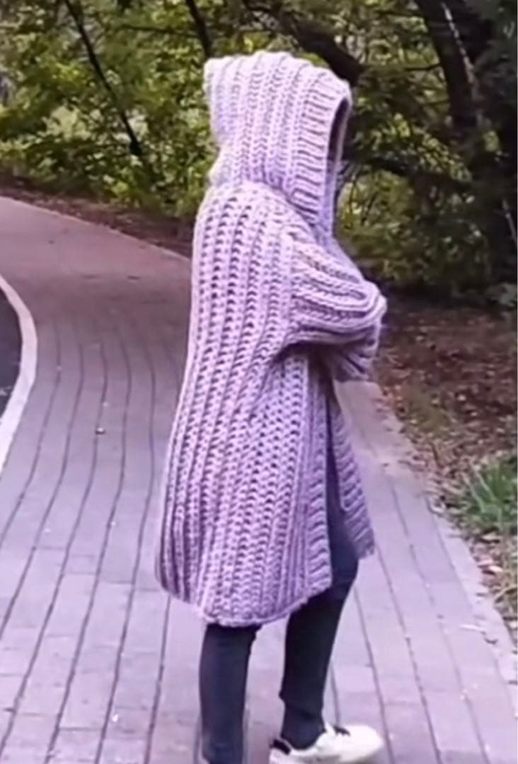 フードニットコート　ロングカーディガン　ダメージニット　コーディガン　手編み