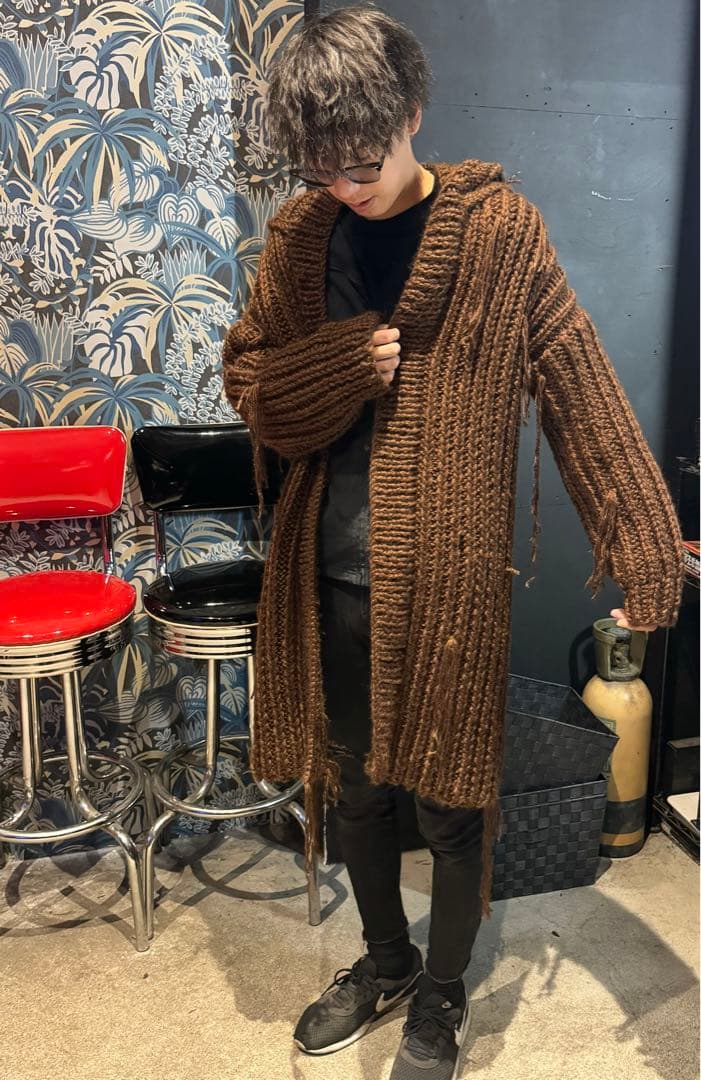 フードニットコート　ロングカーディガン　ダメージニット　コーディガン　手編み