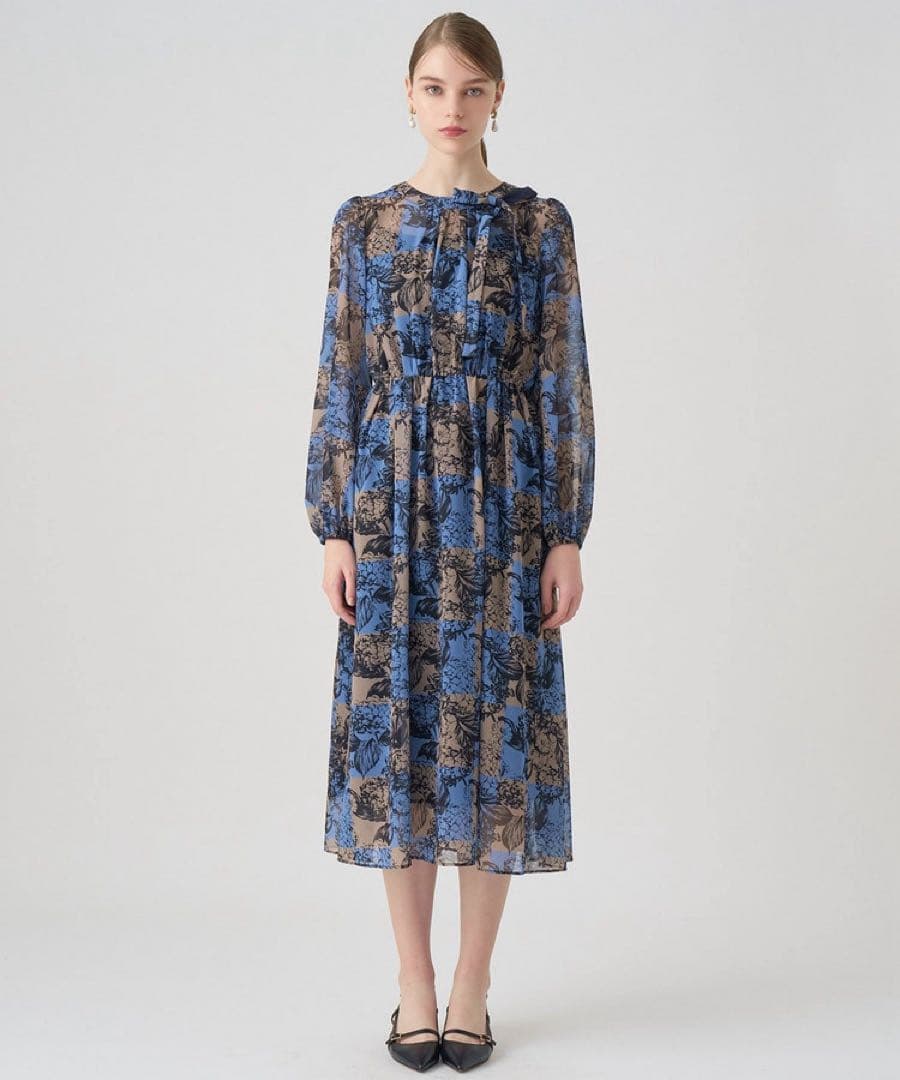 【アナイ】チェックフラワープリントタイ付き ワンピース⭐︎38