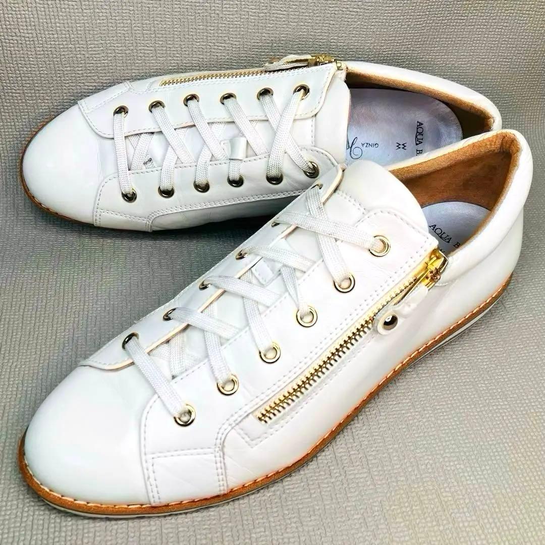 【極美品】銀座かねまつ24.5㌢サイドジップ 上品レザースニーカー　白×ゴールド