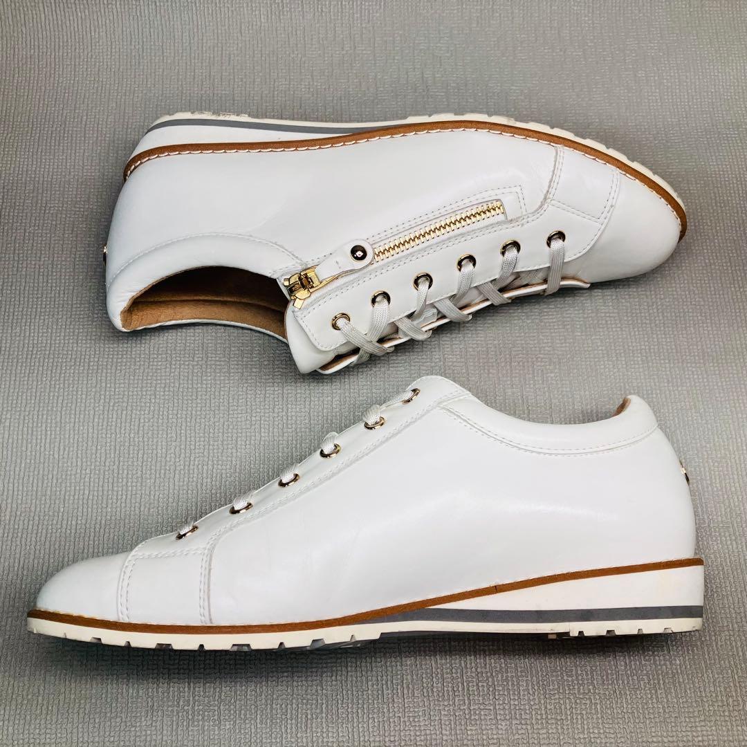 【極美品】銀座かねまつ24.5㌢サイドジップ 上品レザースニーカー　白×ゴールド