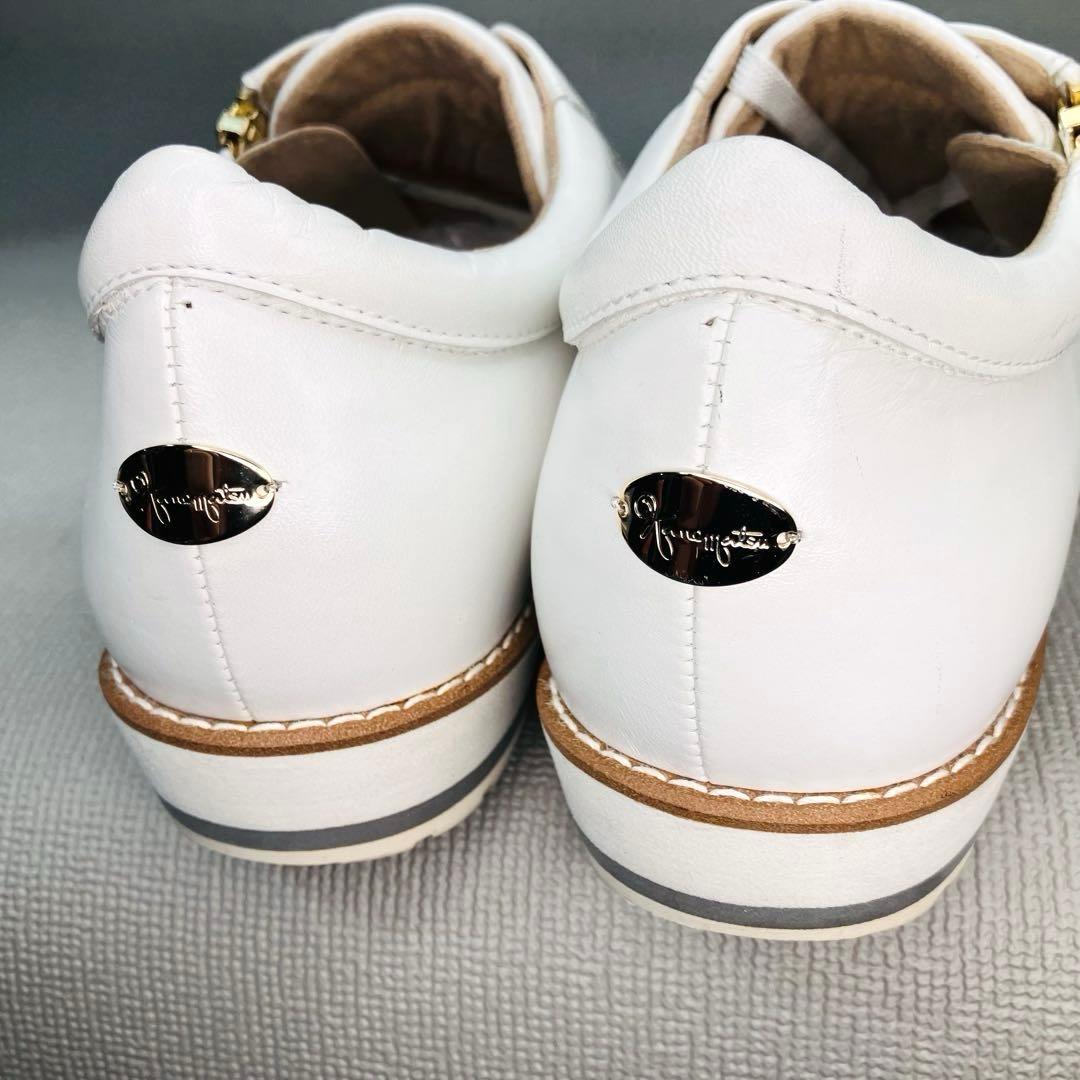 【極美品】銀座かねまつ24.5㌢サイドジップ 上品レザースニーカー　白×ゴールド