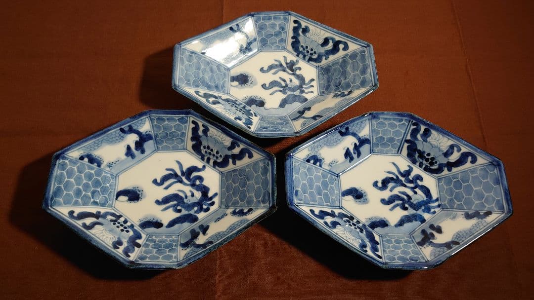 古伊万里　伊万里　江戸期　染付　古染付　蔵出し　アンティーク伊万里　葉皿　3客