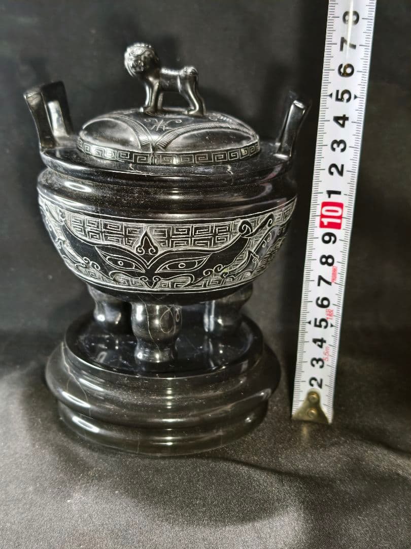 霊壁石香炉 中国名石 獅子摘み 共箱 手彫り置物 茶道具 旧家蔵出 未使用美品