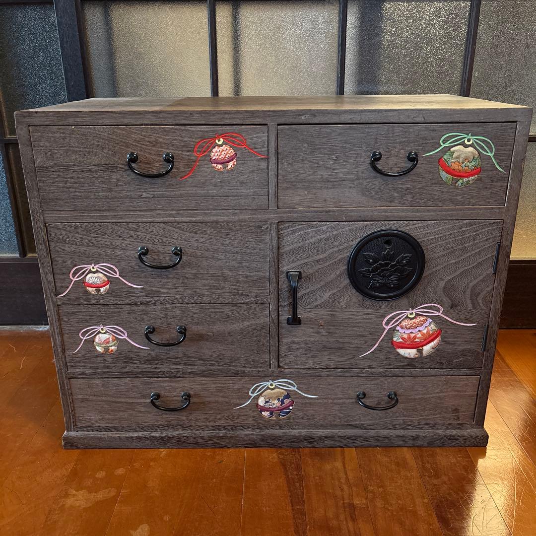 箱長　箪笥　木目込　桐木目込細工　鈴　昭和レトロ　インテリア　訳あり