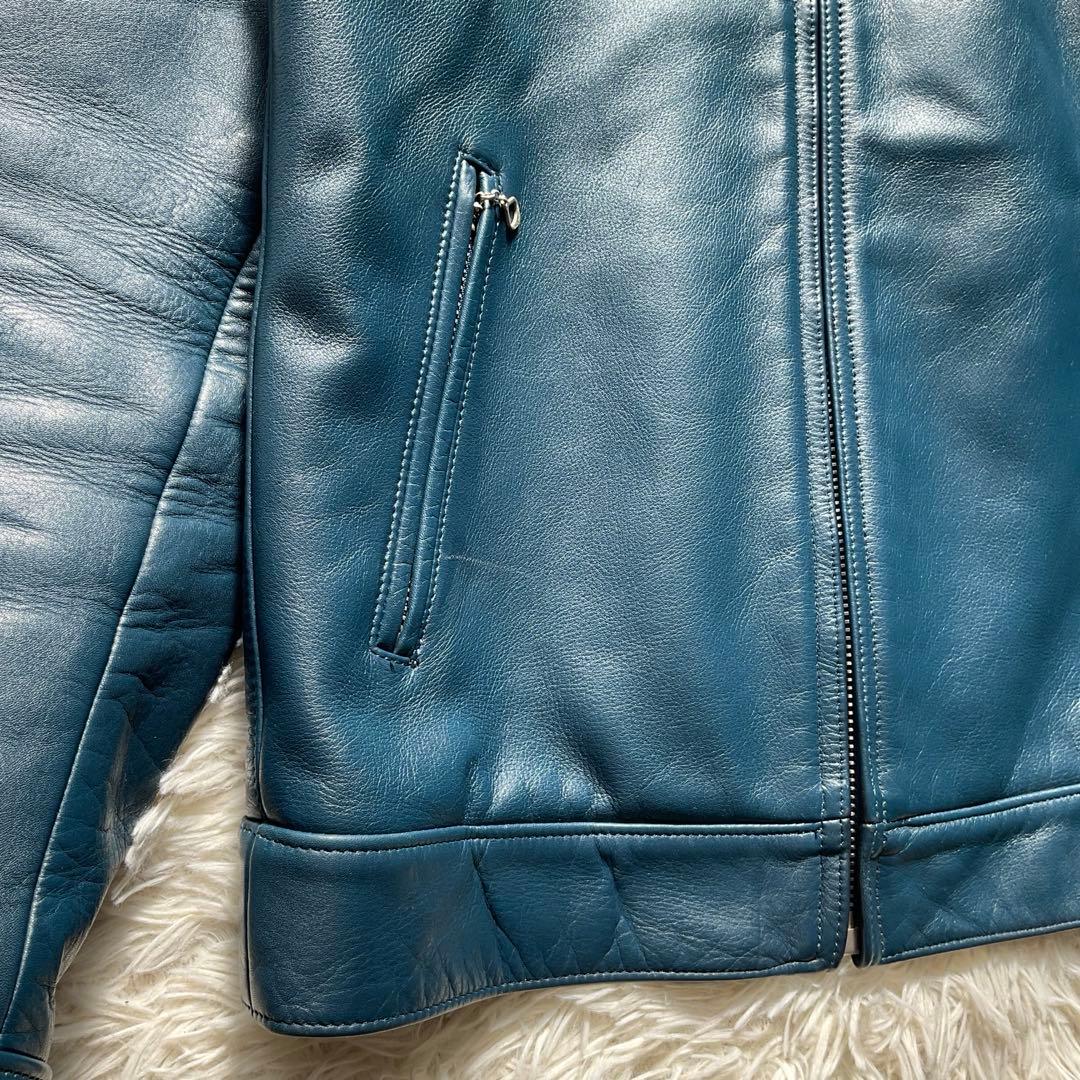 未使用級✨ワコマリア　レザージャケット　シングルライダース　ブルー　水玉柄　M