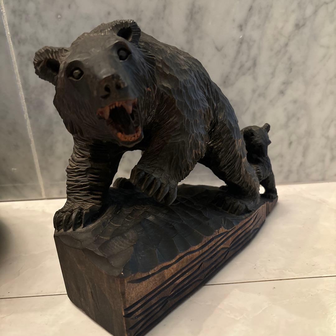 1950-60年代アイヌビンテージ彫りが美しく躍動感がある芸術的なクマ親子の彫刻