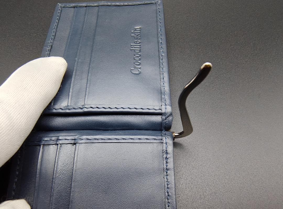 クロコダイル革 マネークリップ 二つ折り財布 本革 ネイビーブルー 薄型 新品