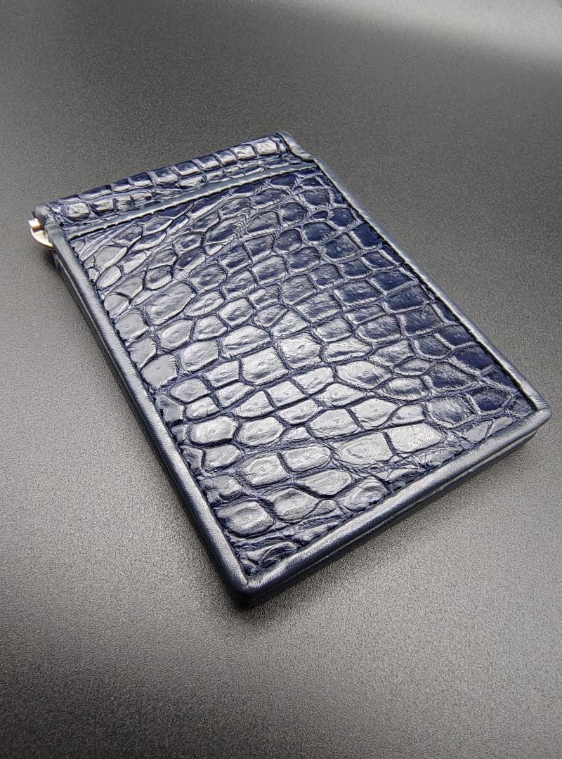 クロコダイル革 マネークリップ 二つ折り財布 本革 ネイビーブルー 薄型 新品
