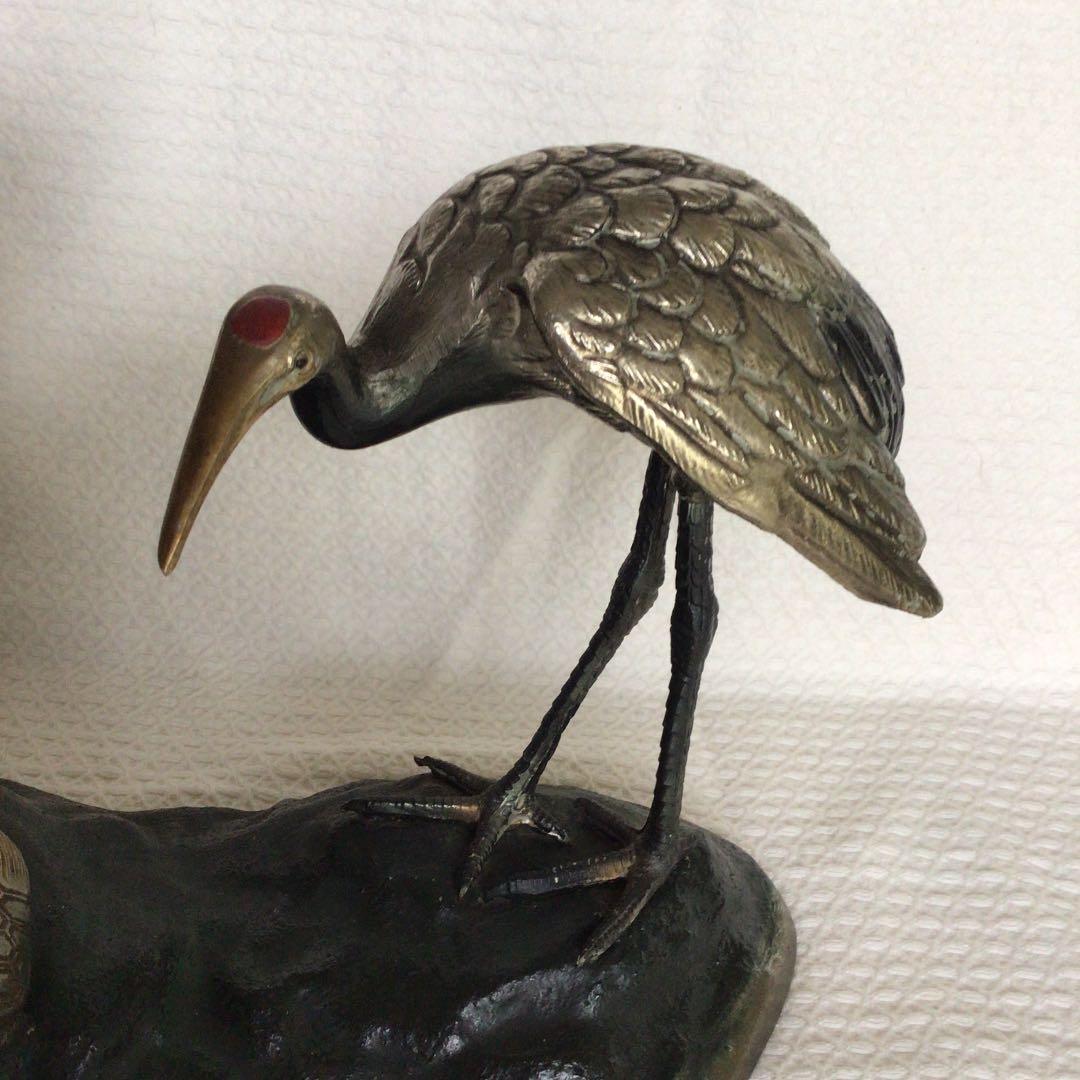 [美品]鶴亀置物　骨董品　縁起物　岩上に鶴亀　古銅色分け青銅　美術工芸品高岡銅器