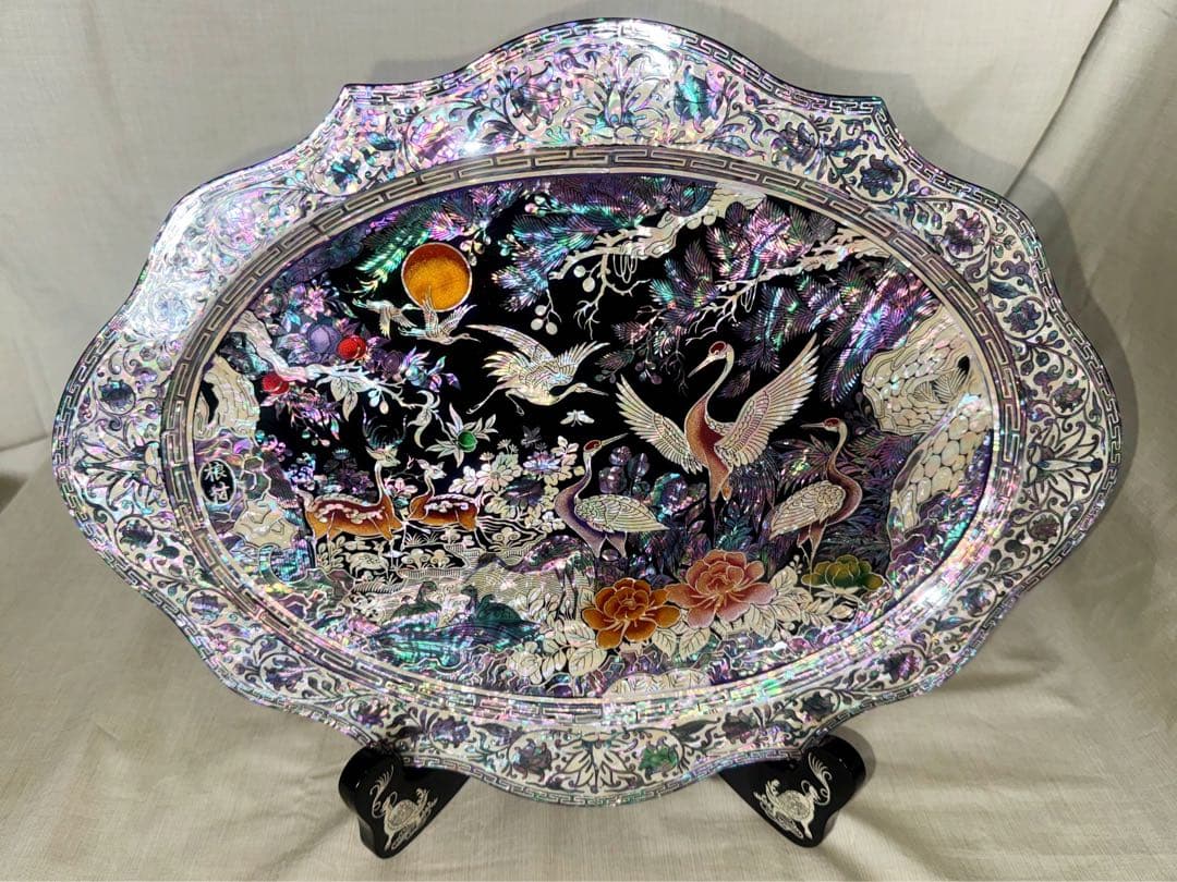 韓国製 螺鈿細工 飾り皿 桹材 金榮萬作 置物 シェル 工芸品 貝細工 トレー