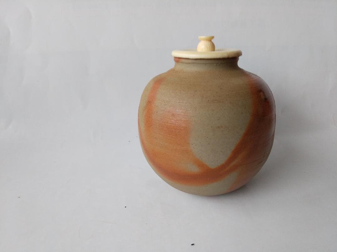 備前火襷焼 文琳茶入 木村陶峰 作 仕覆 波上梅花紋 茶道具 共箱 茶入 美品