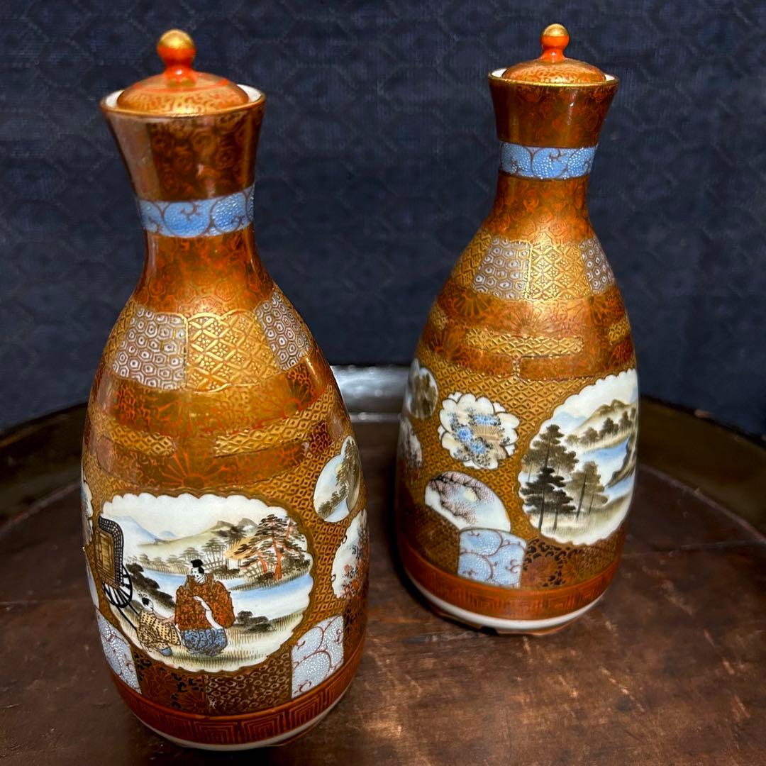 最上級　南魚沼市旧家蔵出品　金彩窓絵図　蓋付徳利　無傷　本物保証