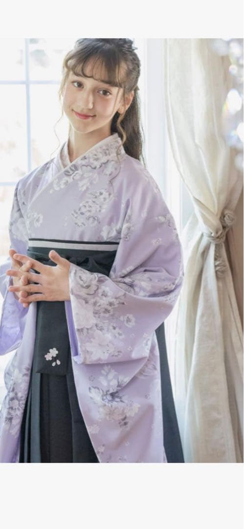 キャサリンコテージローズモーブ×黒 花柄簡単着付け着物 袴160cm 肌襦袢付き