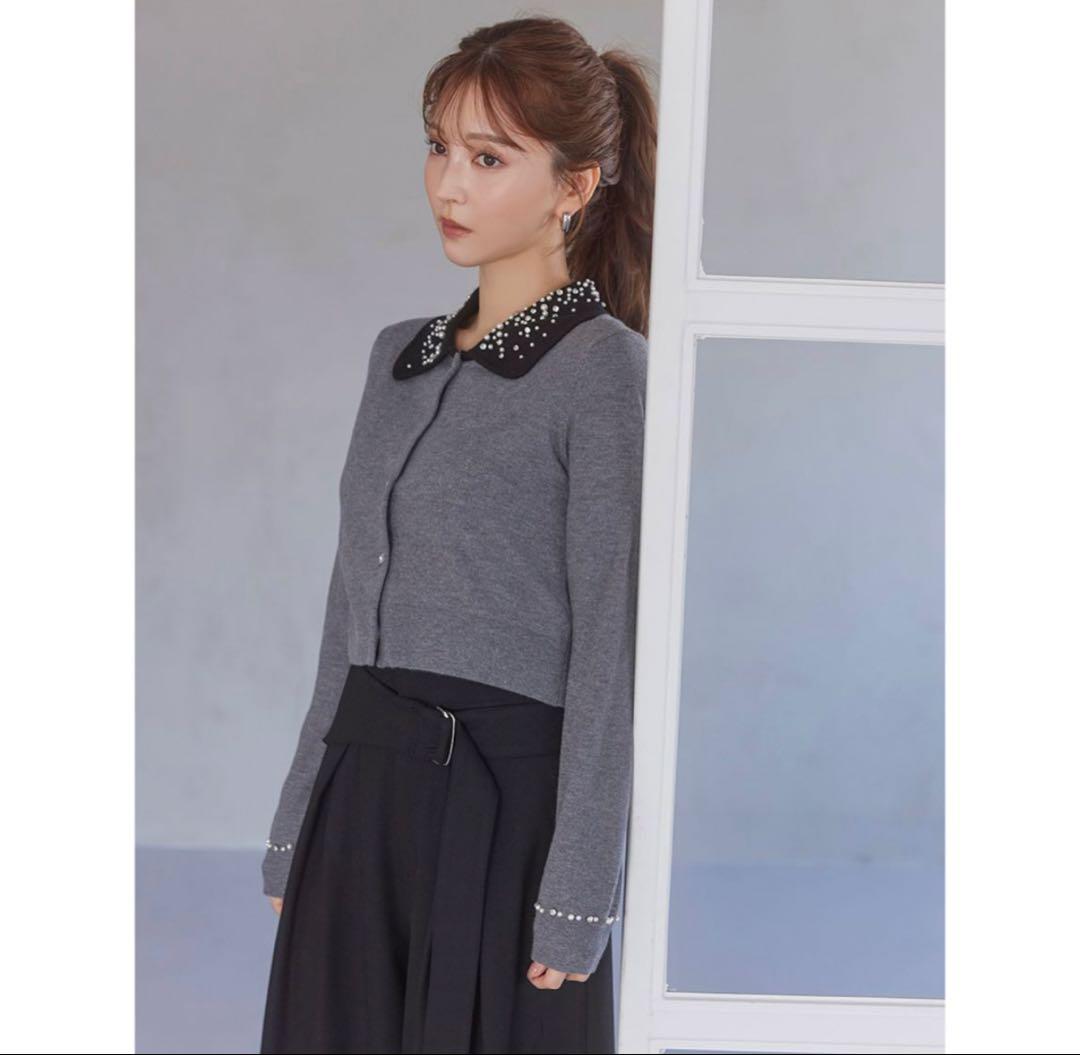 【美品】SNIDEL スナイデル ビジューカラーニットカーディガン GRY