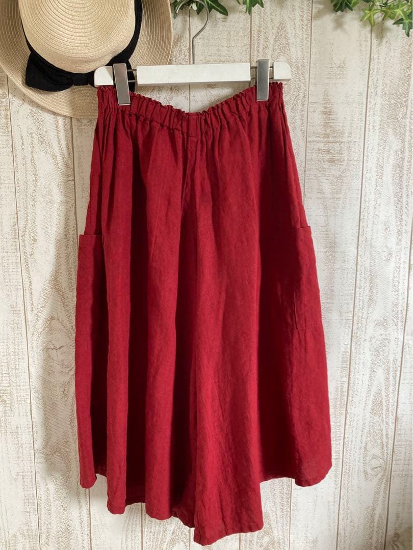 ヤンマ　ヤンマ産業　キュロットパンツ　リネン100% 赤　ガウチョパンツ