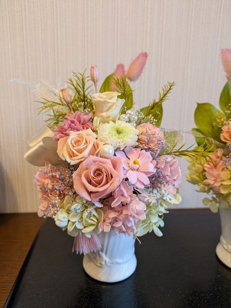 プリザーブドフラワー❁仏花❁　❁お供えの花❁　ピンク系　花器付一対