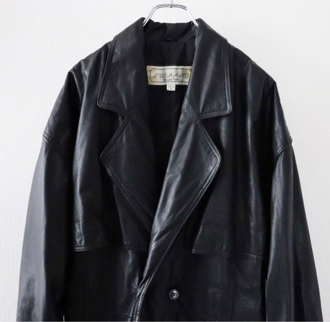 ブラック レザー ダブルブレストコート