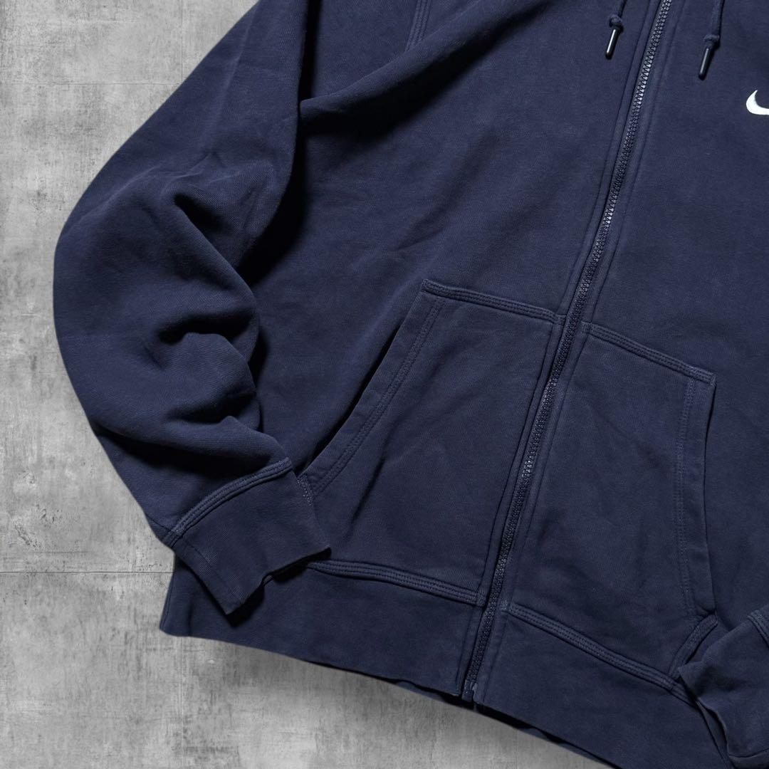 2461 古着NIKEナイキフルジップスウェットパーカー刺繍ロゴ短丈茄子紺Y2K