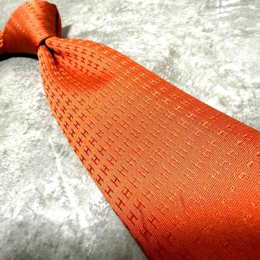 HERMES エルメス ネクタイ オレンジ ファソネ H柄 定番 王道 光沢