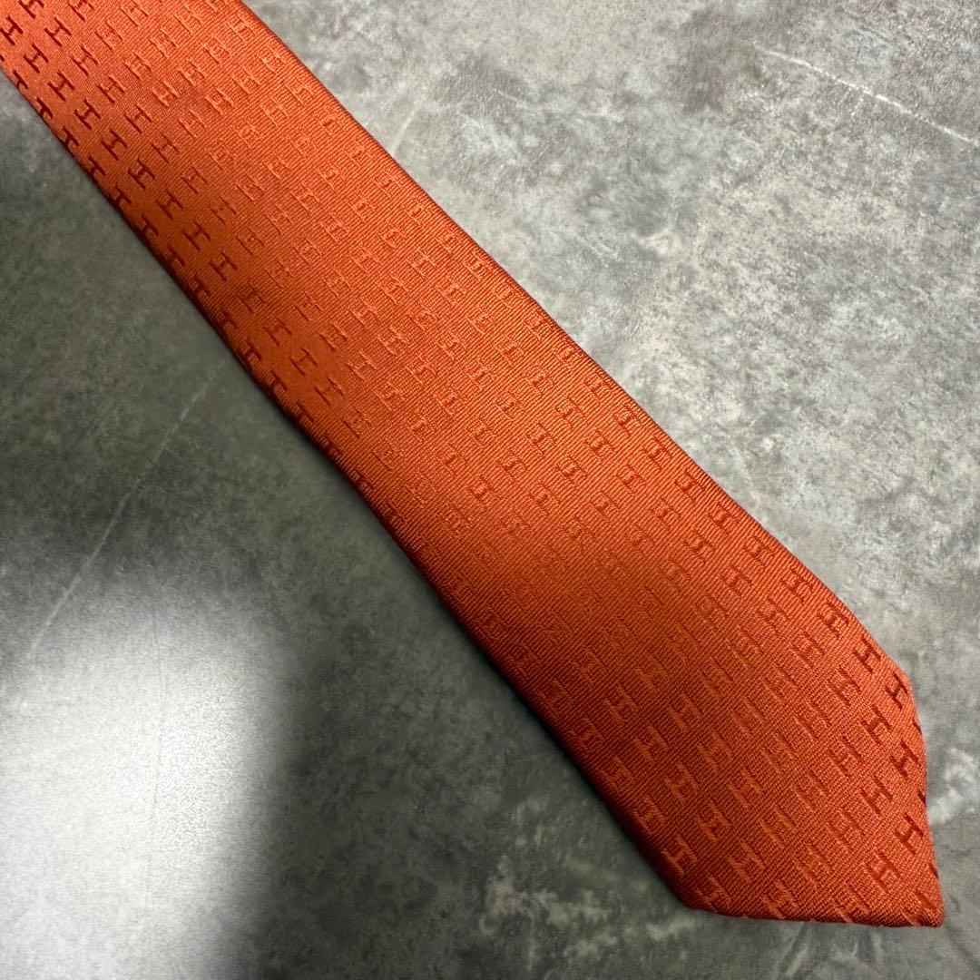 HERMES エルメス ネクタイ オレンジ ファソネ H柄 定番 王道 光沢