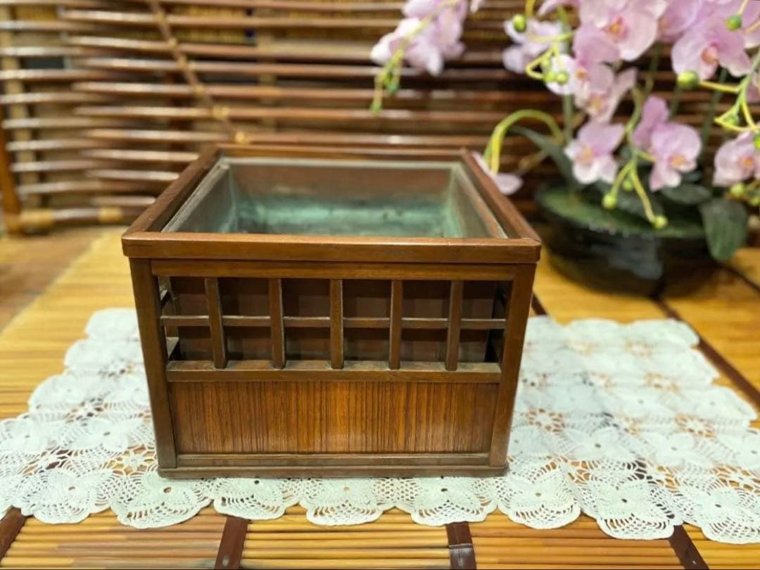 1080＊時代物 銅炉 唐木格子角火鉢 火道具 昭和レトロ 当時物 年代物