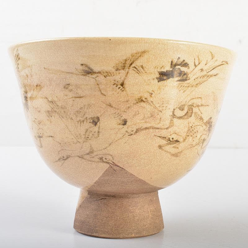 茶道具　京焼　野々村仁清造　鶴図　茶碗　表千家十三代即中斎極箱　D　R6792