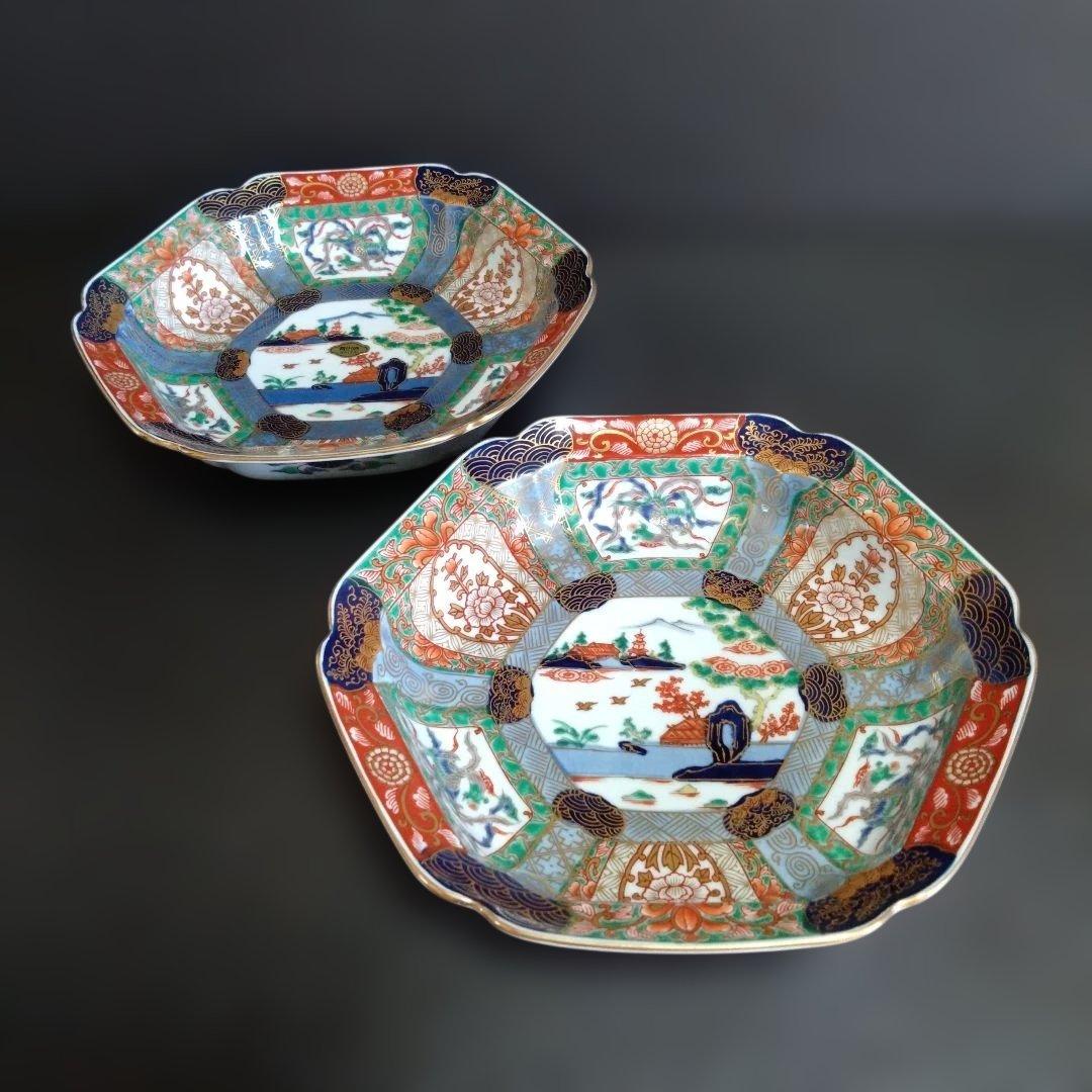 新品未使用 有田焼 幸楽窯 錦絵山水 六角深皿2枚　お祝い