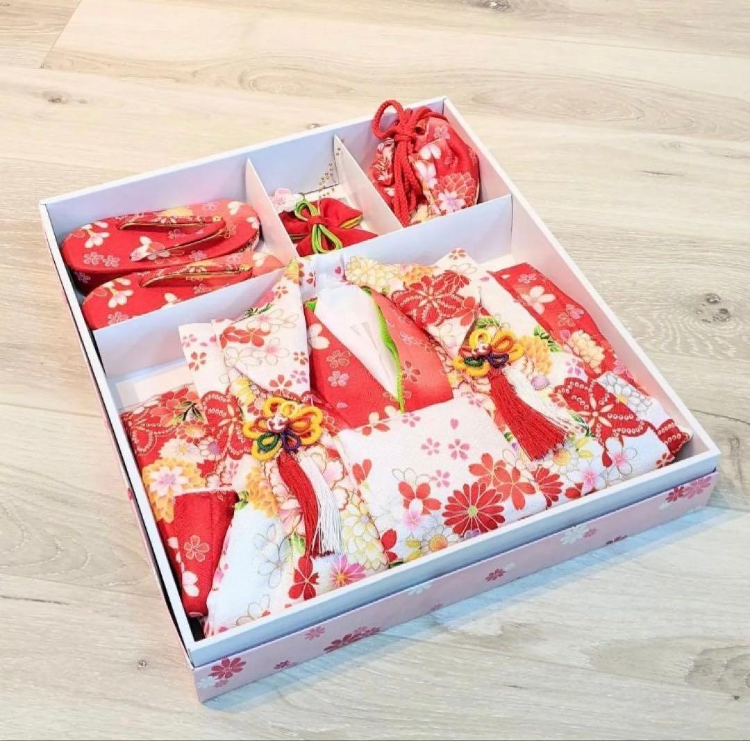 女の子 七五三 3歳 被布コート 着物 草履 巾着 髪飾り セット 赤 白