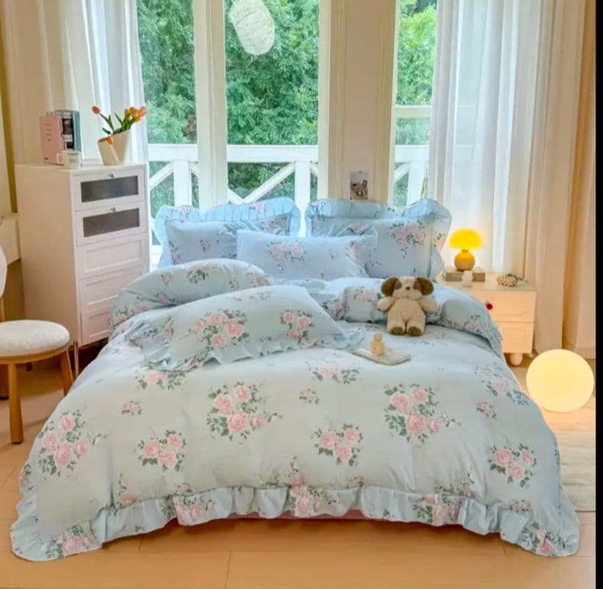 最終価格新品★綿100%ピンク薔薇シングルフリル掛け布団カバー枕カバーシーツ4点