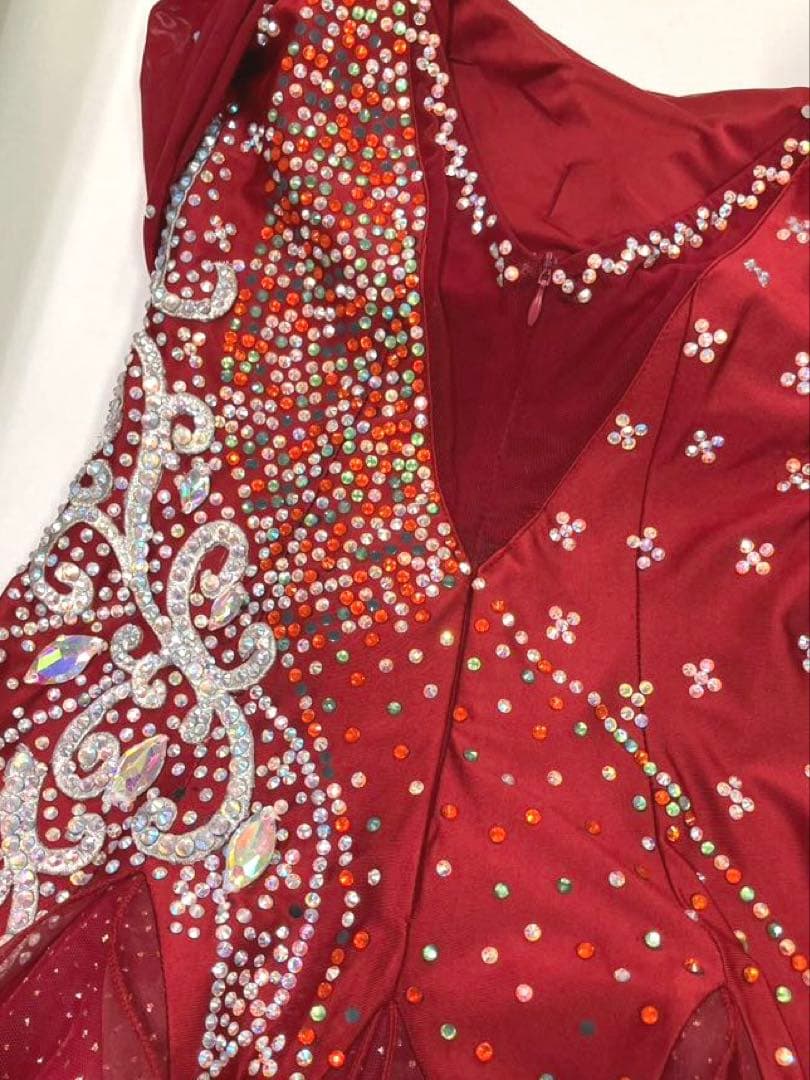 社交ダンス　スタンダードドレス　モダンドレス　赤　スパンコール