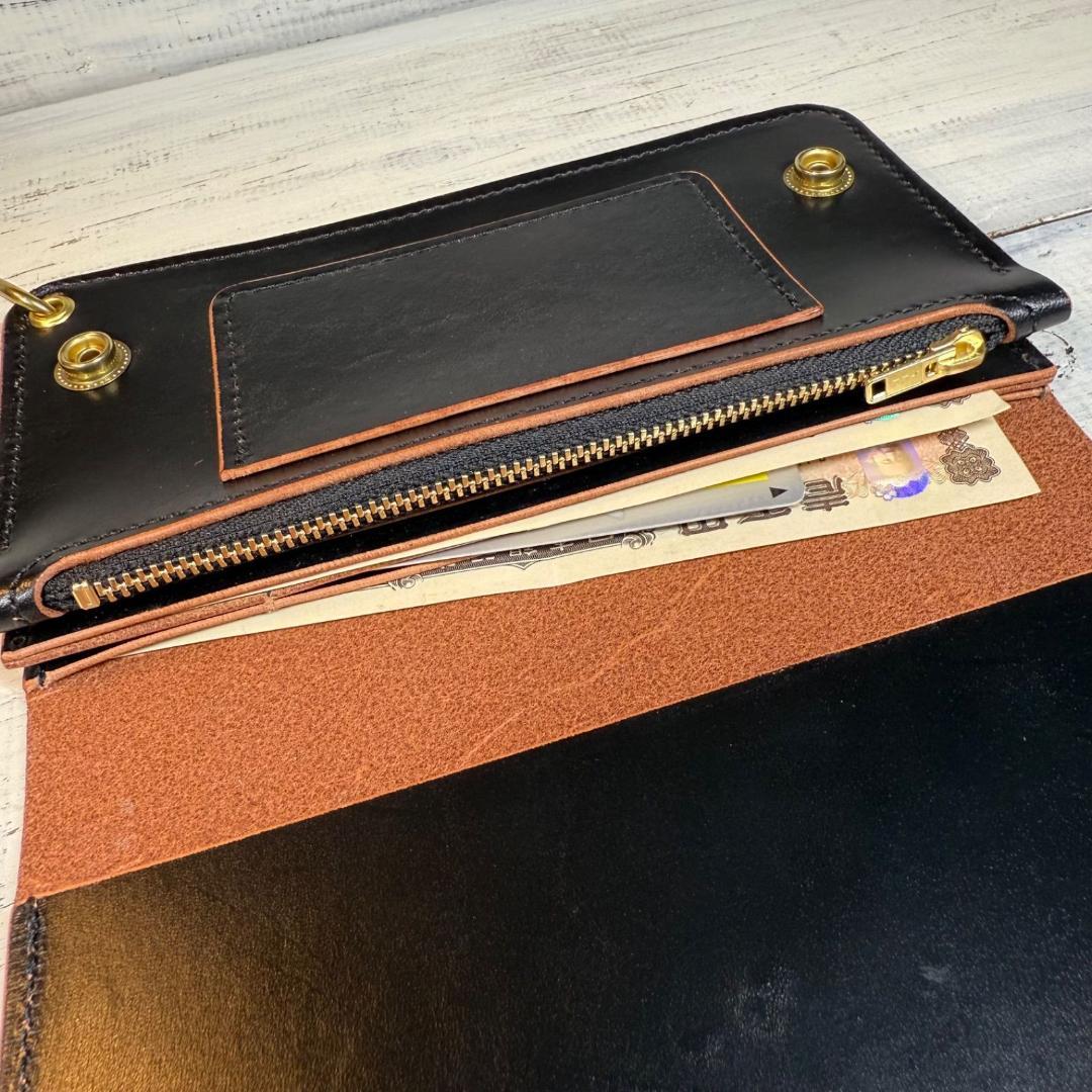 【トラッカーウォレット ロング 3層】 ブラック 茶芯 ゴールド YKK