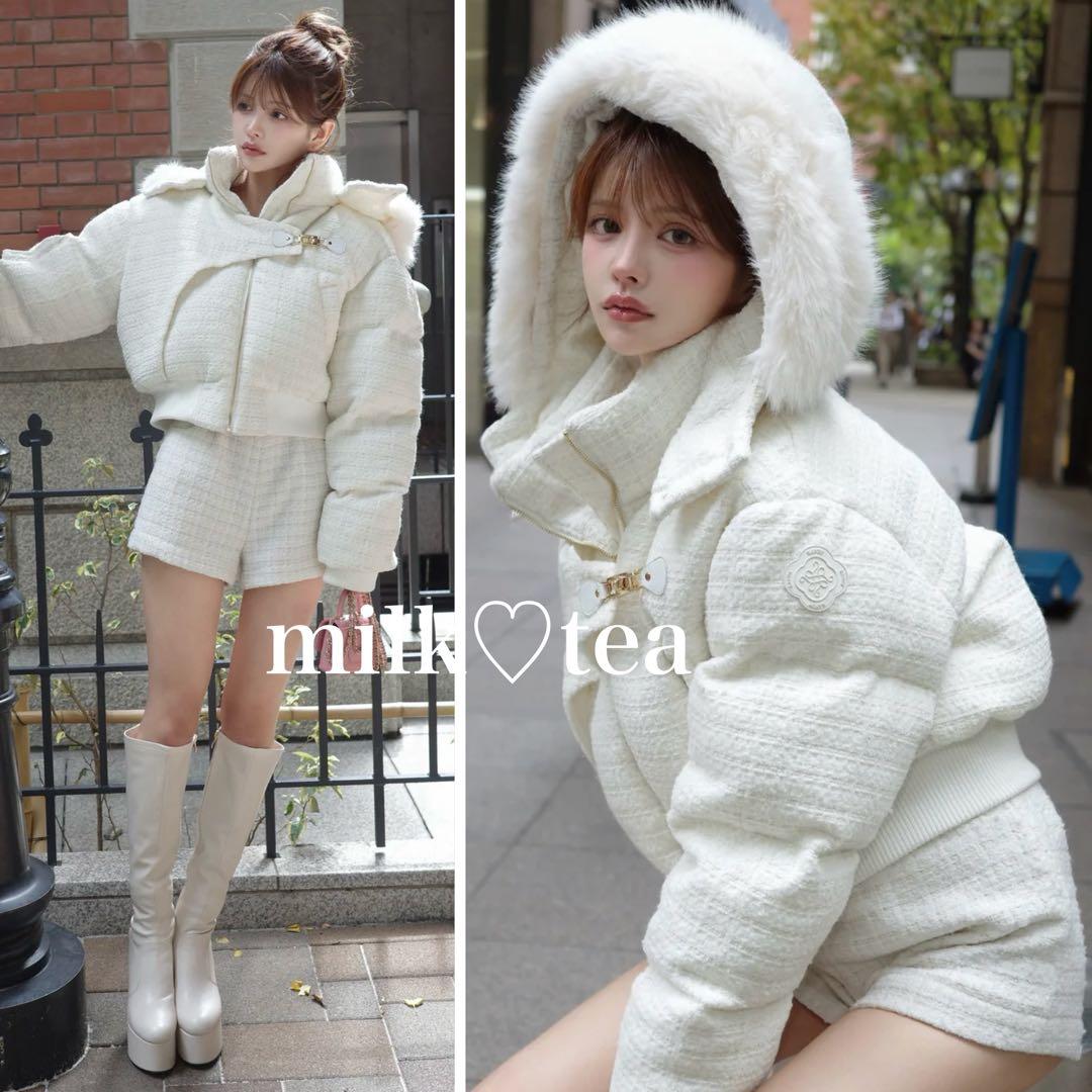 新品タグ付き Randy アシンメトリーバックルツイードパデットジャケット 白