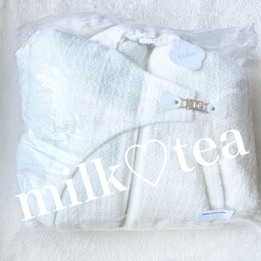 新品タグ付き Randy アシンメトリーバックルツイードパデットジャケット 白